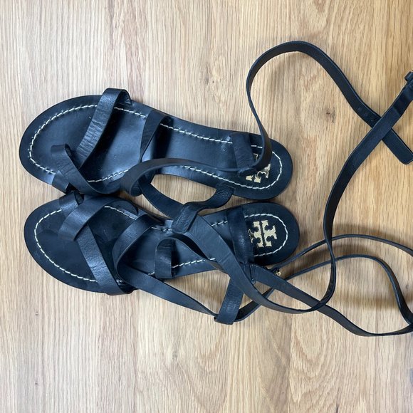 Tory Burch Black Leather Gladiator Sandals - Picture 1 of 9
